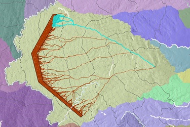 Map of the top 10 percent of the least costly paths starting from the polygon destination showing how they share a similar route Map of the top 10 percent of the least costly paths starting from the polygon destination showing how they share a similar route